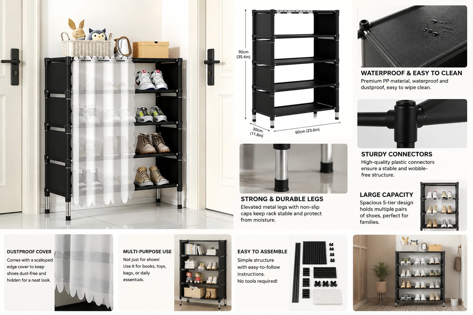 Premium 5-Tier Shoe Rack with Dustproof Cover
